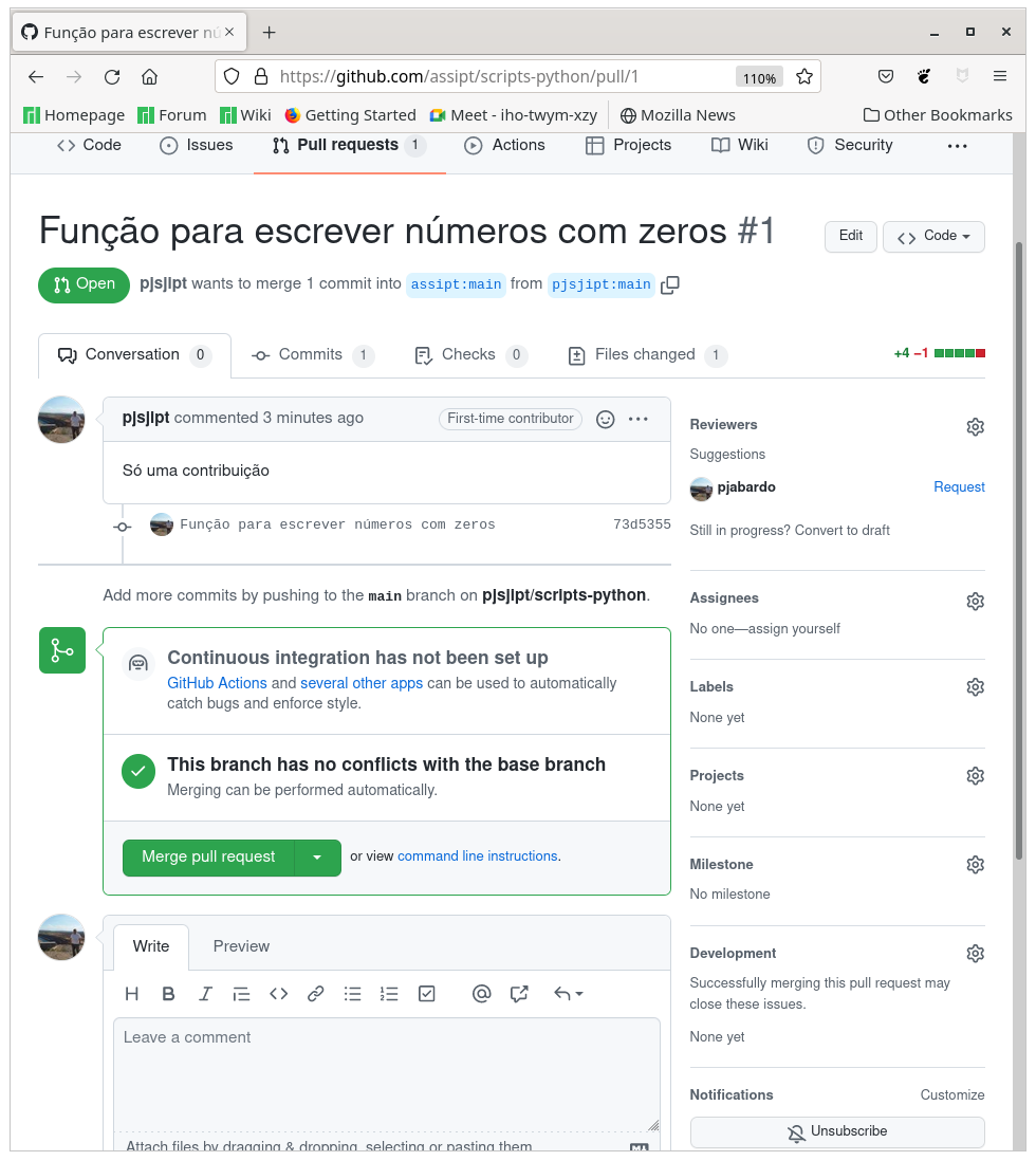 Open pull request no GitHub