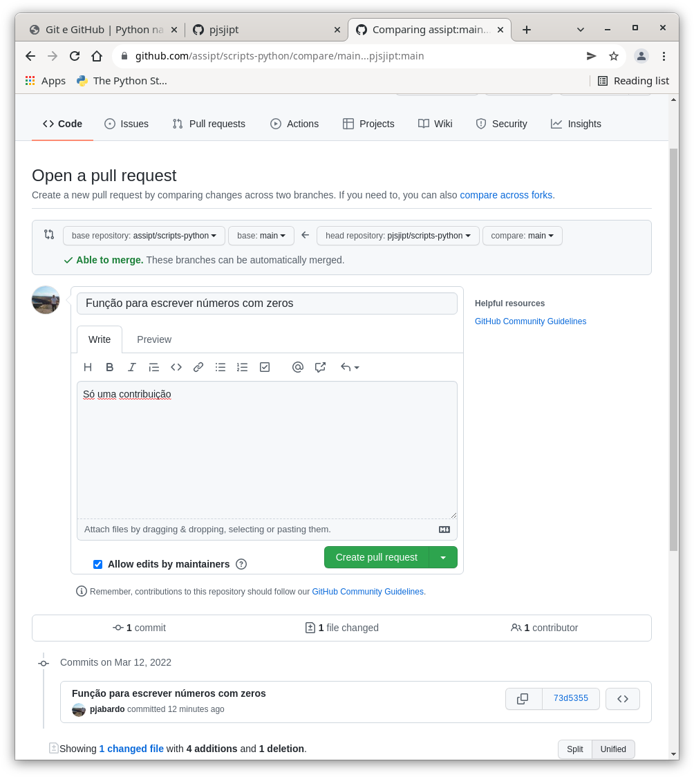 Open pull request no GitHub